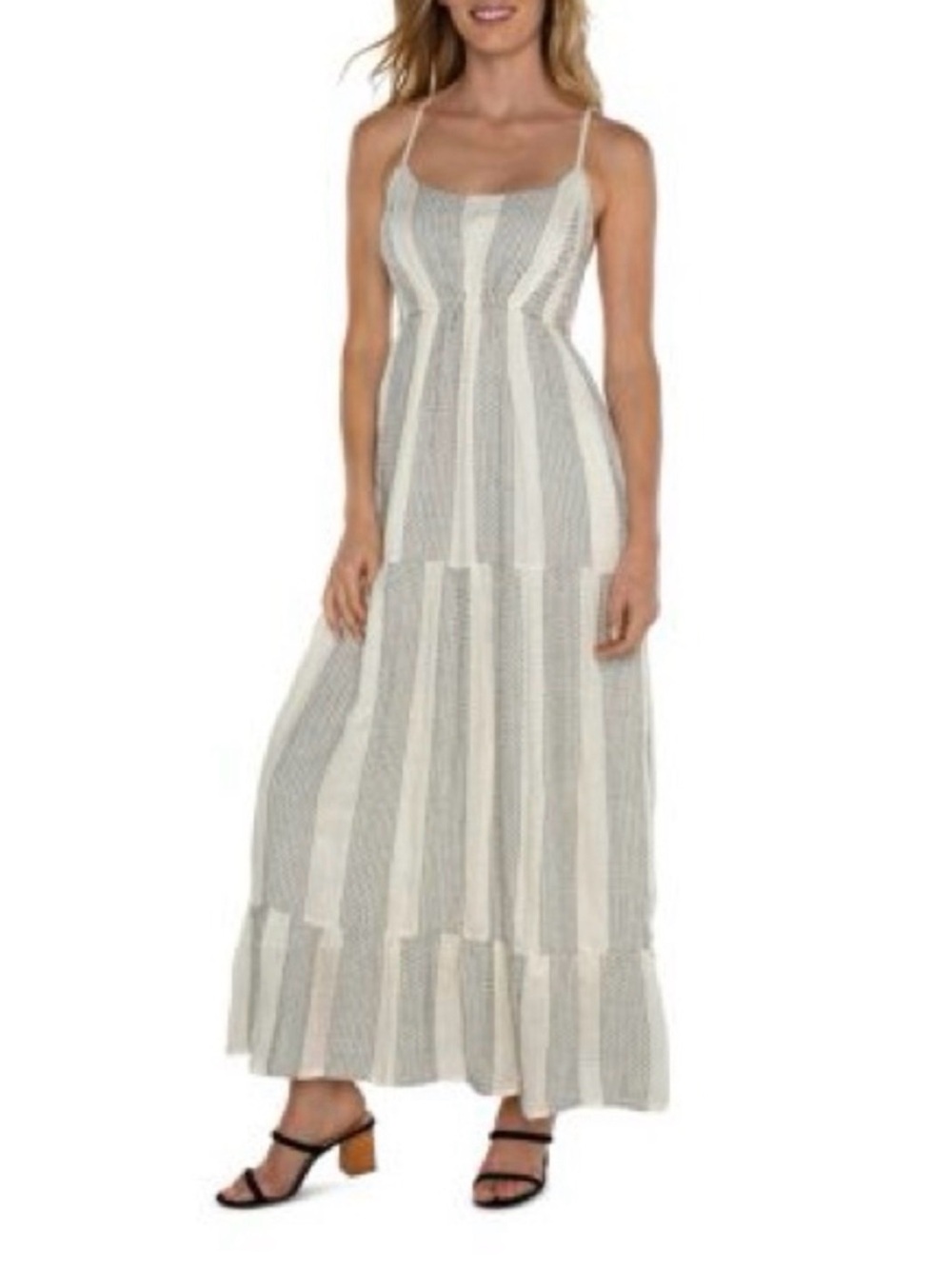 Liverpool Striped Spaghetti-Strap Maxi Dress in Cream and Gray